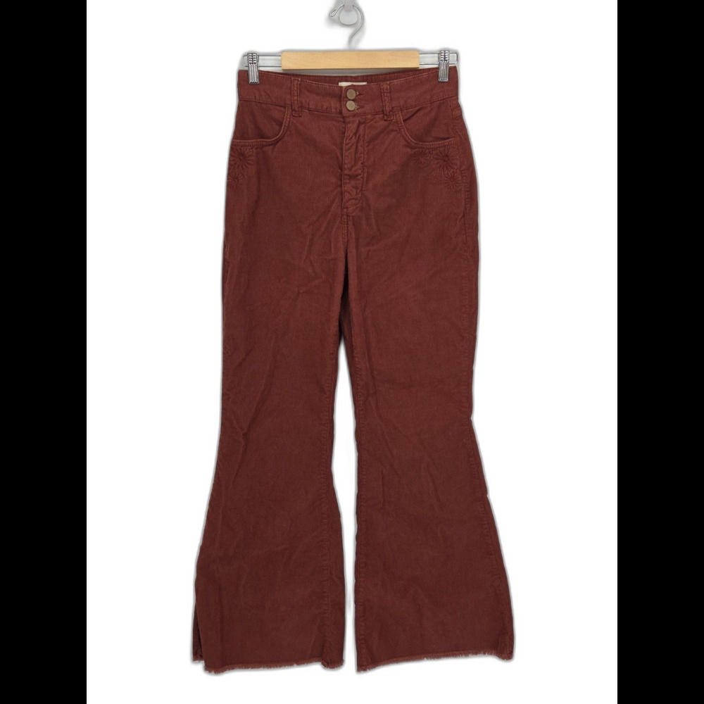 Marine Layer Womens Corduroy Flare Leg Pants Embroidered Flowers Rust Size 8